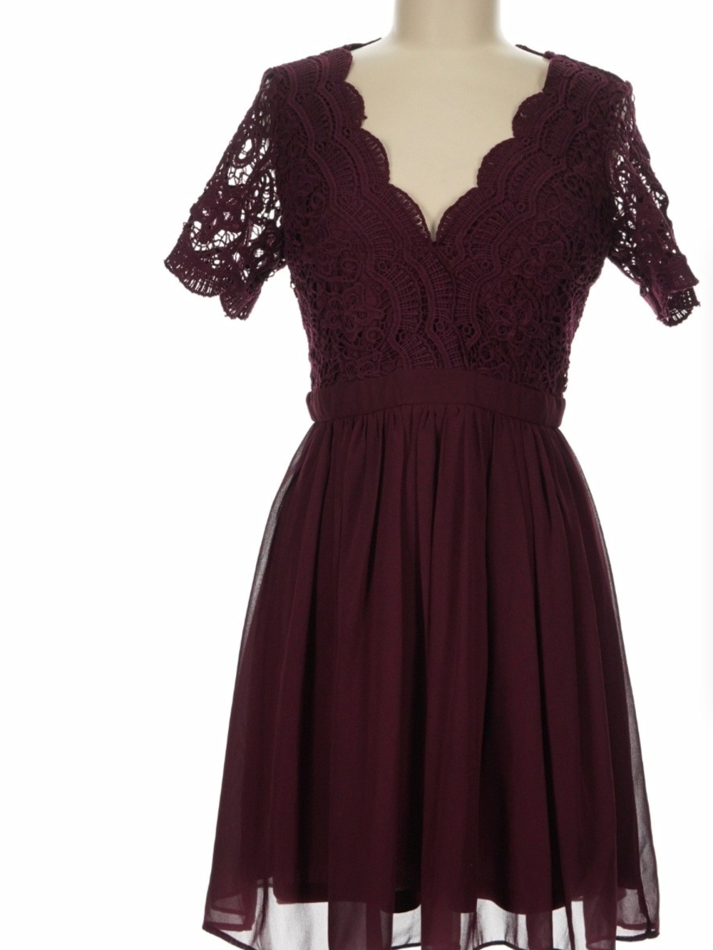 Scalloped Lace & Chiffon Midi Dress in Burgundy